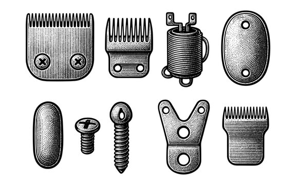 Vintage engraved barber tools and mechanical components set