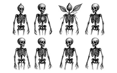 Set of eight detailed skeletons with botanical fusion elements in vintage style