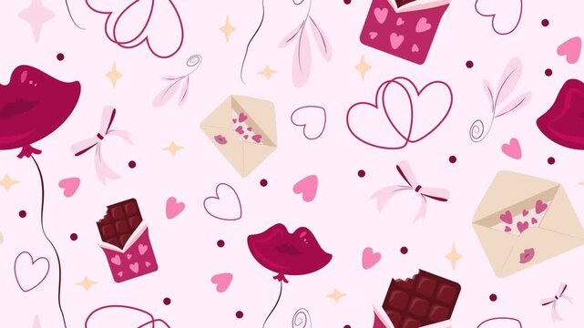 Cute romantic animated pattern of hearts, chocolate, love letters, and lip balloons on pale pink. Seamless looping animation, ideal background for Valentine's Day projects.