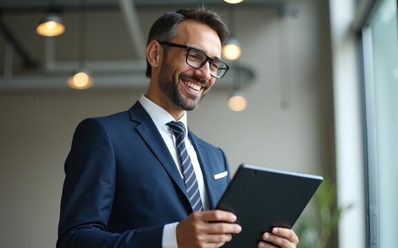 Happy middle aged business man. Ceo wearing suit standing in office. Man using digital tablet. High quality - Powered by Adobe