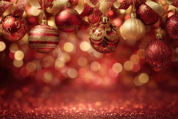 Christmas ornaments hanging with red and gold glitter bokeh background
