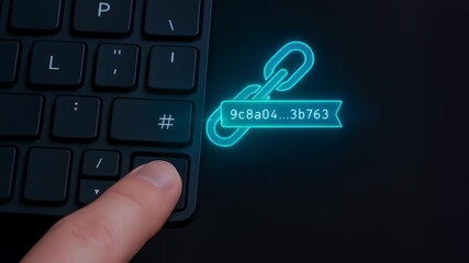 Blockchain security concept with finger pressing keyboard key symbolizing secure digital connection and cyber technology protecting against AI - Powered by Adobe