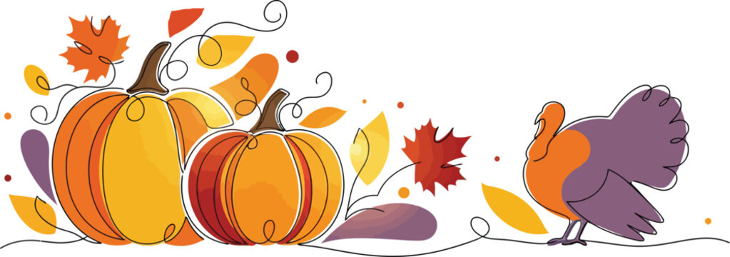 A whimsical and colorful illustration featuring two vibrant pumpkins and a charming turkey surrounded by falling autumn leaves and swirling vines perfect for thanksgiving and fall themed designs