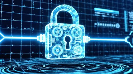 Digital security graphic of a glowing padlock with circuit board details and data streams - Powered by Adobe
