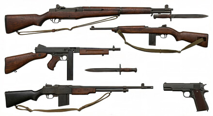 Individual weapons of American soldiers during WWII, isolated on a white background