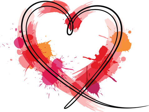 Hand Drawn Continuous Line Heart with Artistic Color Splas.