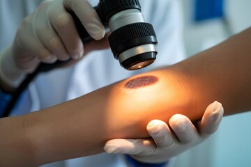 Dermatologist examining patient's skin, a suspicious mole with a dermatoscope. Medical skin checkup, health screening, diagnosis, professional care. Clinical, close-up, healthcare concept.