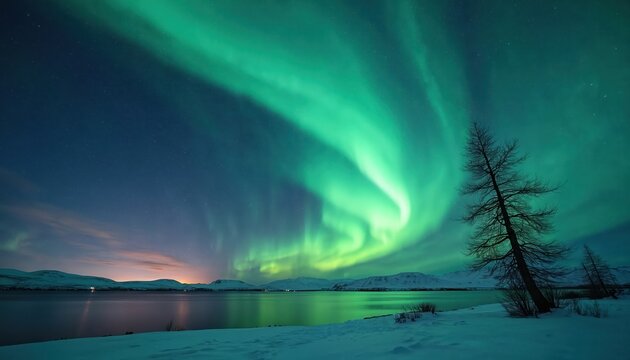 Green aurora borealis glows in dark starry sky over calm lake, snow covered land. Bare trees stand on icy shore beneath celestial light show. Northern lights phenomenon creates magical winter scene.