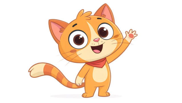 “Cute cartoon cat waving, isolated on transparent background, clean PNG”
