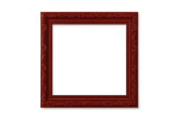 Ornate antique red wooden picture frame with detailed carvings, empty square border, transparent background for design