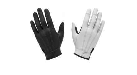 Opposite hands black and white gloves against black background