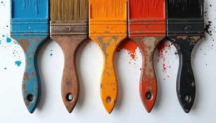Row of paintbrushes in various colors on white surface. Tools dirty with splashed dyes. Art concept, hobby, creativity. Equipment for painter in workshop. Close up view from above details.
