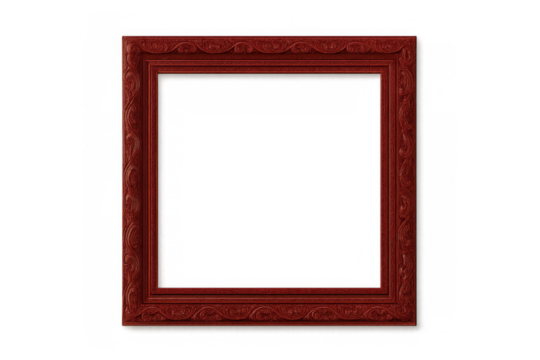 Ornate antique red wooden picture frame with detailed carvings, empty square border, transparent background for design