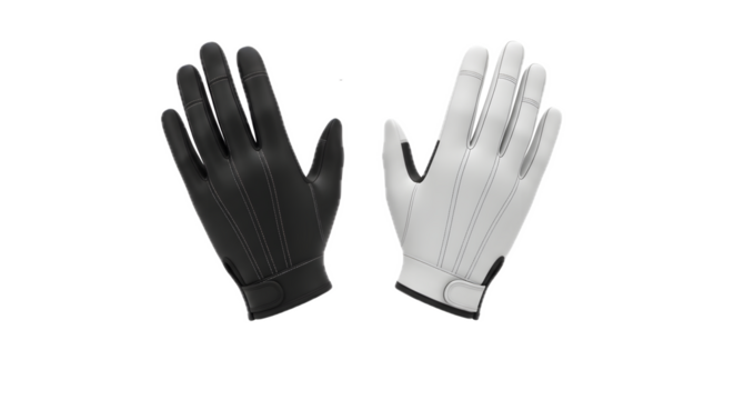 Opposite hands black and white gloves against black background