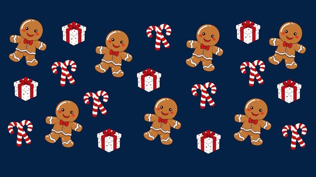 Seamless loop animation. Christmas pattern with gingerbread man, candy cane and gift boxe background.