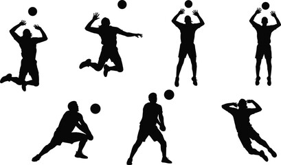 Volleyball player silhouettes set, black vector illustrations on white background, featuring various actions like spiking, setting, serving, and digging for sports design projects and athletic conc