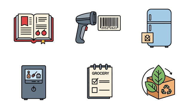 Collection of colorful icons representing various aspects of food and grocery management.