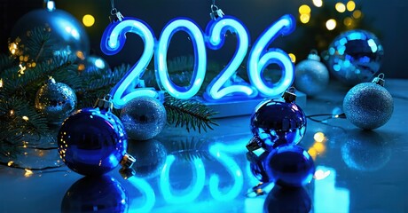 Fototapeta premium Festive scene shows bright neon 2026, surrounded by blue ornaments, pine branches, warm lights. Reflective surface adds depth.