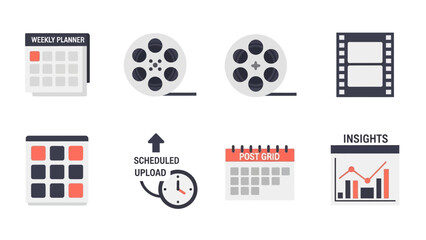 A collection of flat design icons representing various aspects of content creation and scheduling, including calendars, film reels, and analytics.