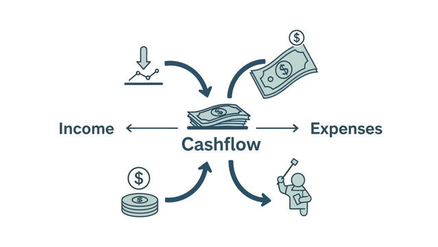 A diagram illustrating the concept of cashflow with income and expenses.