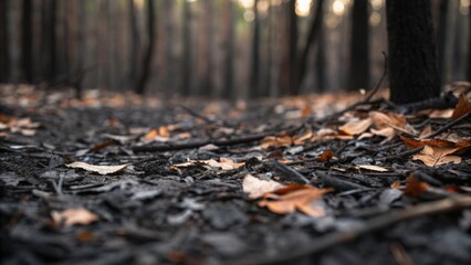 Obraz premium The image depicts a forest floor covered with dark soil and scattered autumn leaves, set against blurred trees in the background.
