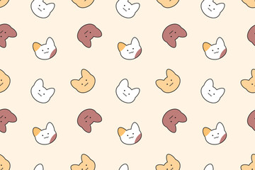 Cute hand drawn cat face seamless pattern with playful cartoon expressions