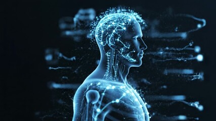 Digital human anatomy neural network glowing brain futuristic technology figure with blue light energy flow showcasing advanced science visualization and artificial intelligence integration - Powered by Adobe