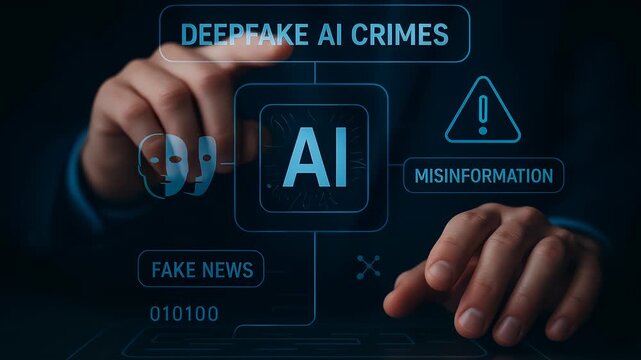 Deepfake AI crimes create misinformation and fake news risks with digital technology causing deception and security concerns interactive digital