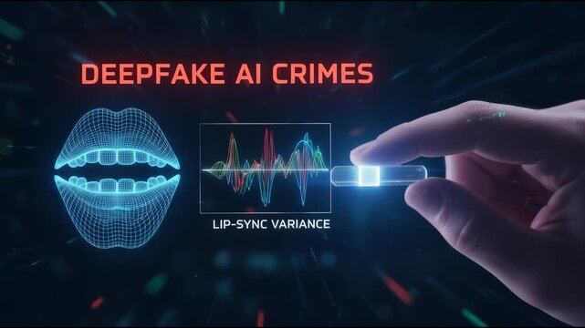 Deepfake AI crimes detection technology with digital lip sync variance analysis revealing manipulated speech patterns on futuristic interface risks