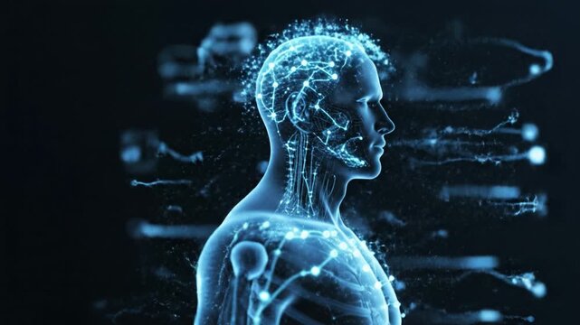 Digital human anatomy neural network glowing brain futuristic technology figure with blue light energy flow showcasing advanced science visualization and artificial intelligence integration