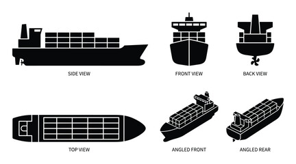 Cargo Container Ship: Side, Front, Back, Top, Angled Views with Detail, Vector