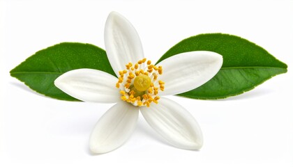 Close up of an orange blossom with white petals and yellow stamens, isolated on a white background