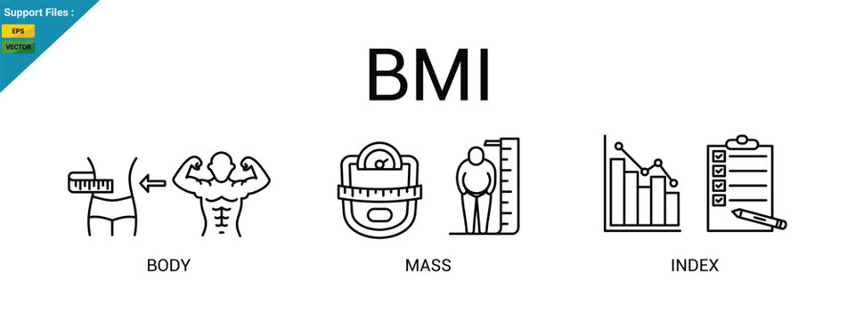 BMI - Body mass index fot health life, obesity and overweight vector illustration with icons and keywords