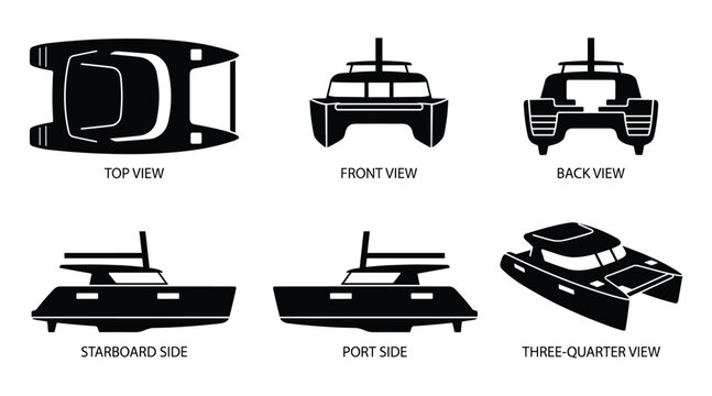 Detailed illustration: Multihull sailing catamaran boat views in vector