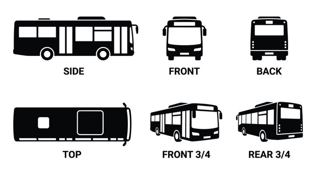 Detailed urban bus illustration showcasing multiple different viewpoints.