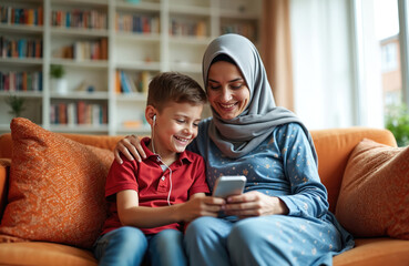 Muslim mother and son share joyful moment, bonding over mobile phone. Woman in hijab wears blue dress, boy in red shirt smiles widely, using earphones, sitting on sofa indoors.