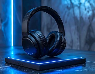 Modern black over-ear headphones on a neon-lit, elevated platform