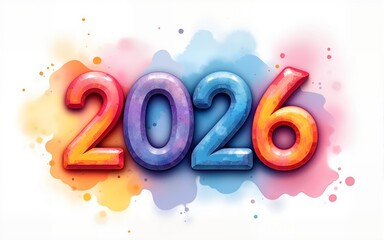 A colorful watercolor "2026" with splashes and gradients blending seamlessly. picture. High quality