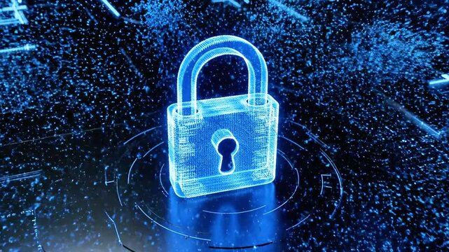 A glowing blue digital padlock, constructed of particles, rests on a black circuit board background