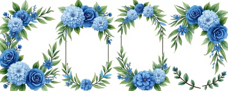 Blue watercolor flowers form elegant bouquets, decorative frames. Roses, hydrangeas, green leaves create spring, wedding, party invitation designs. Isolated floral elements for cards, prints, event