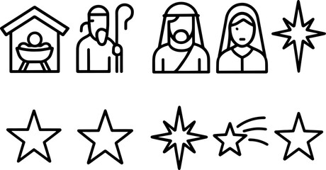 Nativity icons set. Holy family, manger, baby Jesus, Mary, Joseph, Christmas religious outline illustrations