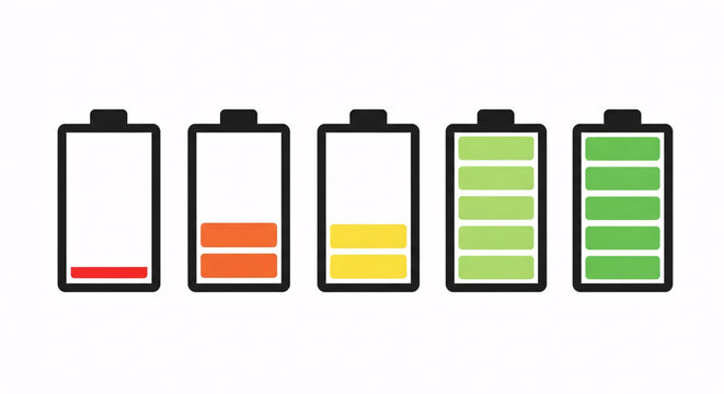 Power up with battery level icons showing depletion and recharge, perfect for illustrating energy, progress, or status in apps and dashboards!