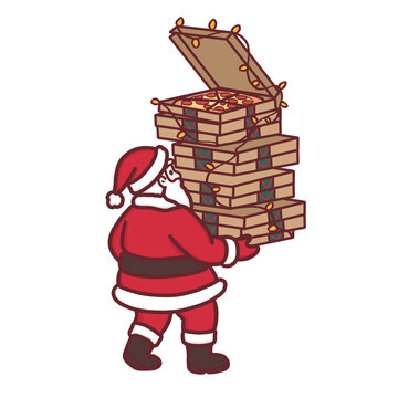 Santa Claus delivering a stack of Christmas pizza boxes with string lights