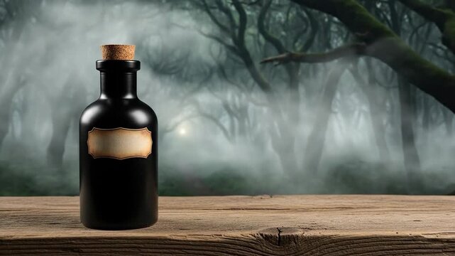 Mysterious Black Potion Bottle With Cork Stopper And Blank Label On Wooden Table In Foggy Enchanted Forest With Mossy Trees And Soft Light Background