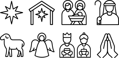 Nativity icons set. Holy family, manger, baby Jesus, Mary, Joseph, Christmas religious outline illustrations