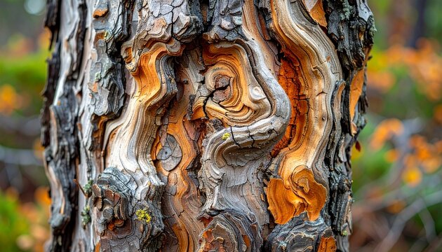 Close, up view of tree bark revealing complex natural patterns and hues