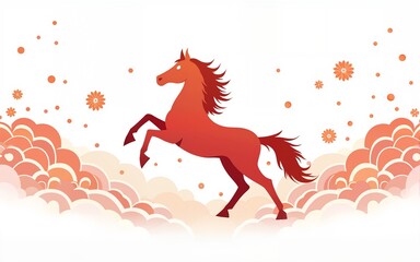 Chinese banner, Happy New Year 2026 poster. Horse silhouette icon, flowers, asian clouds on white background. Vector illustration. Astrology China lunar calendar animal symbol. Place for text