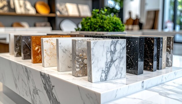 Collection of natural stone samples including granite, marble, and quartz for kitchen counters showcased on a white marble base inside a stone countertop store