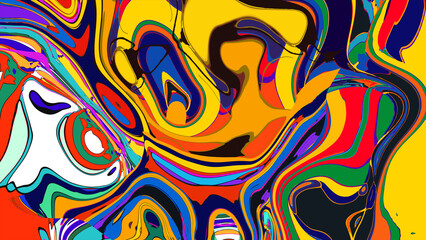 Funky liquid shapes seamless pattern - abstract colorful blobs, drops and splashes forms in psychedelic 60s style on groovy background. Wavy trippy colour curves, fluid retro design texture.