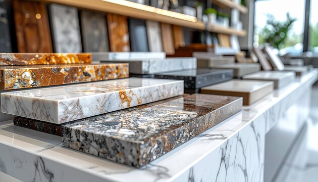 Collection of natural stone samples including granite, marble, and quartz for kitchen counters showcased on a white marble base inside a stone countertop store